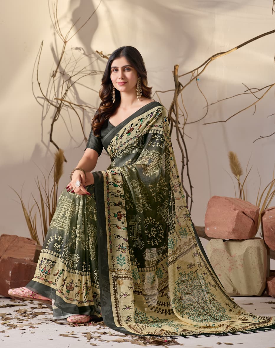 Green Tussar Silk Saree With Warli Art Print & Contrast Border - Image 8