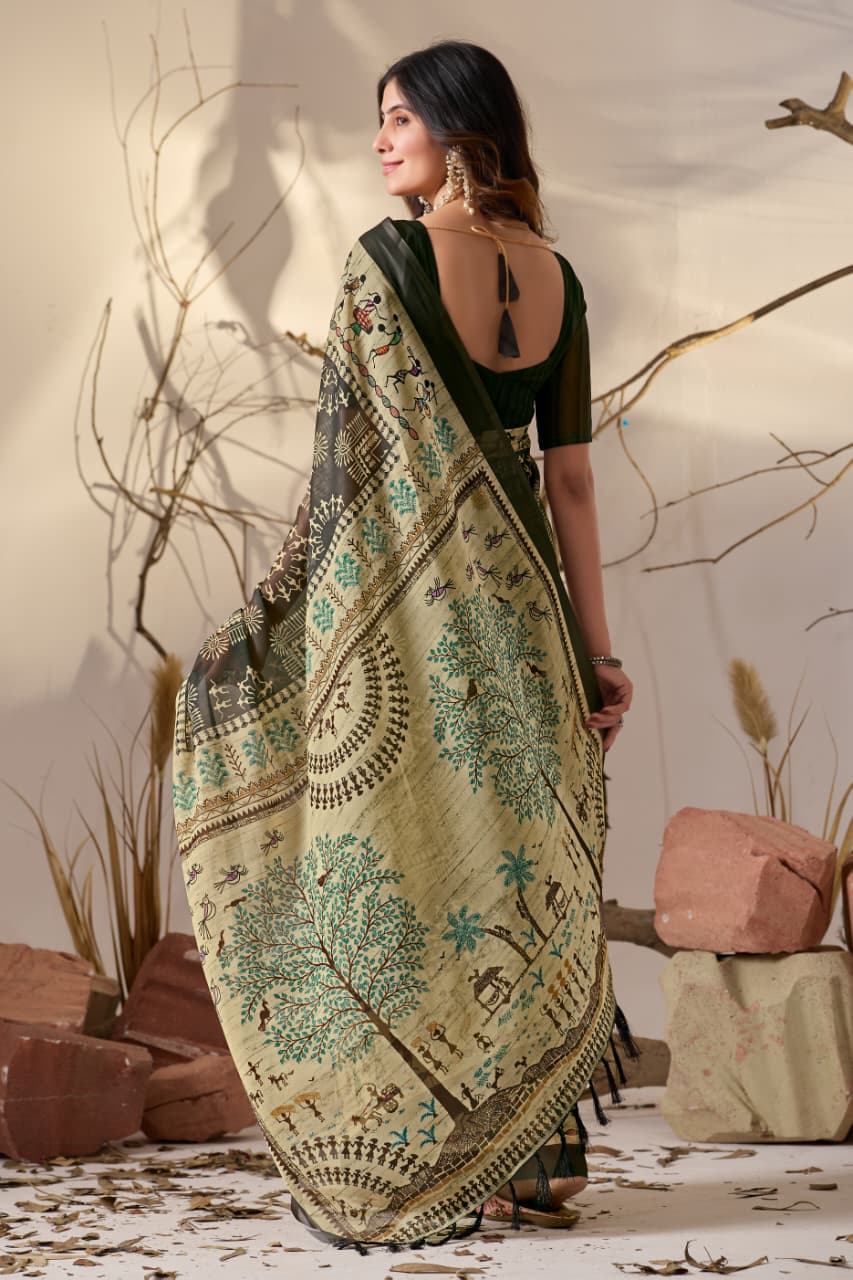 Green Tussar Silk Saree With Warli Art Print & Contrast Border - Image 9