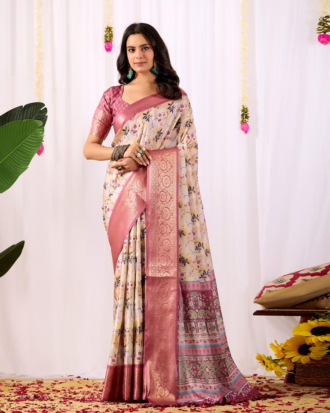 Floral Printed Silk Blend Saree With Rich Zari Border - Image 7