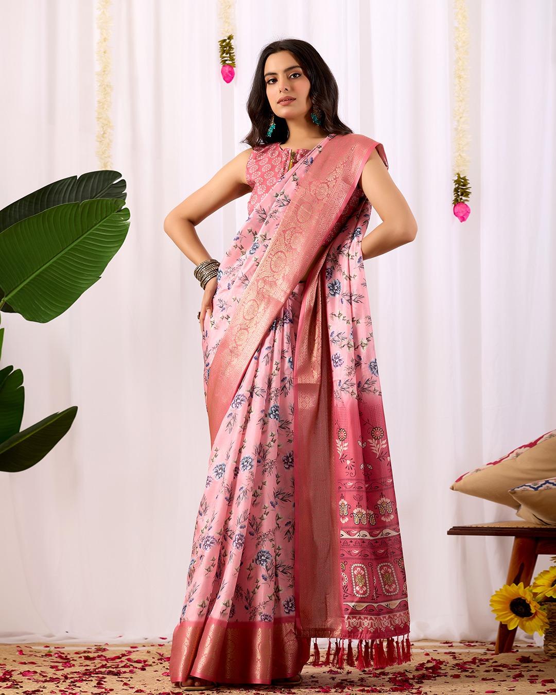 Floral Printed Silk Blend Saree With Rich Zari Border - Image 8