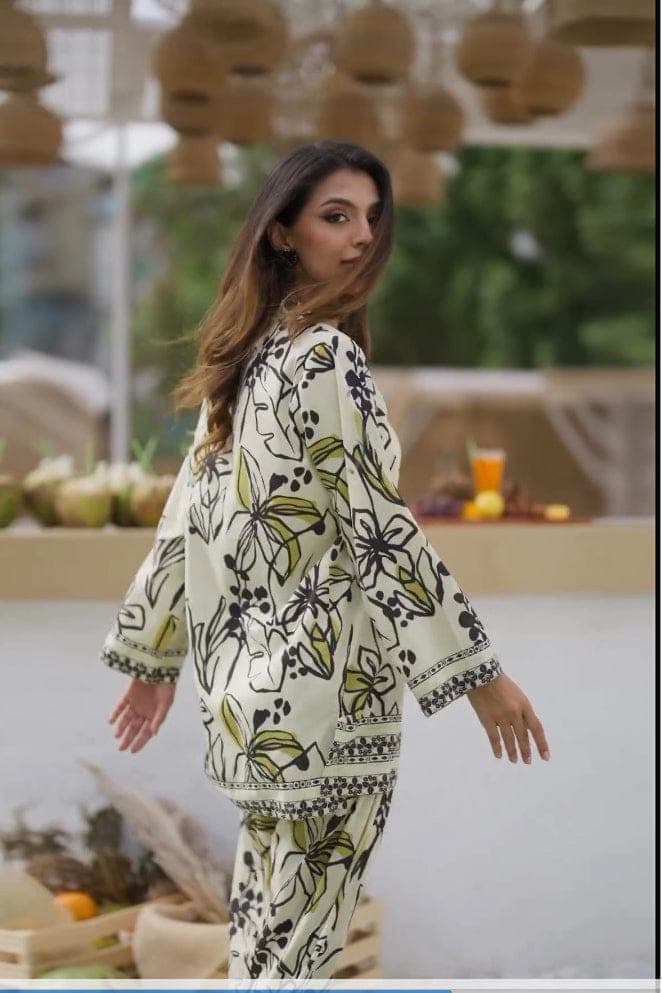 Designer Floral Print Malai Satin Silk Kurta Palazzo Co-Ord Set - Image 3
