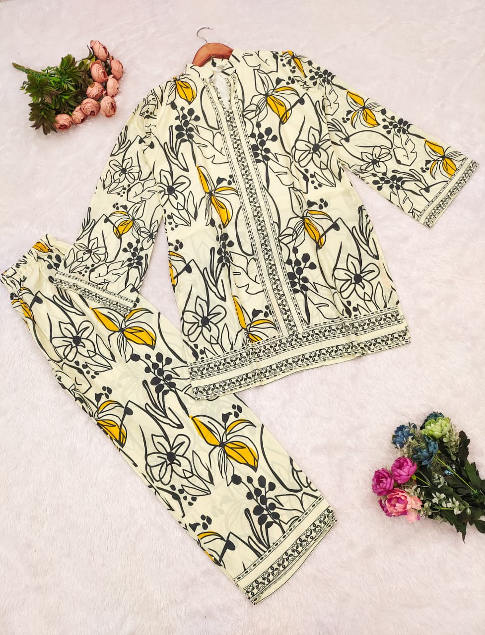 Designer Floral Print Malai Satin Silk Kurta Palazzo Co-Ord Set - Image 4