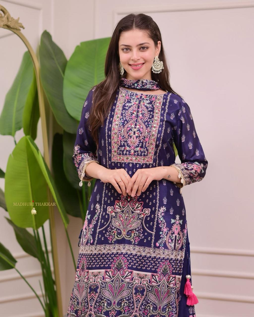 Designer Chinon Silk Kurta Palazzo Set With Floral Print & Dupatta