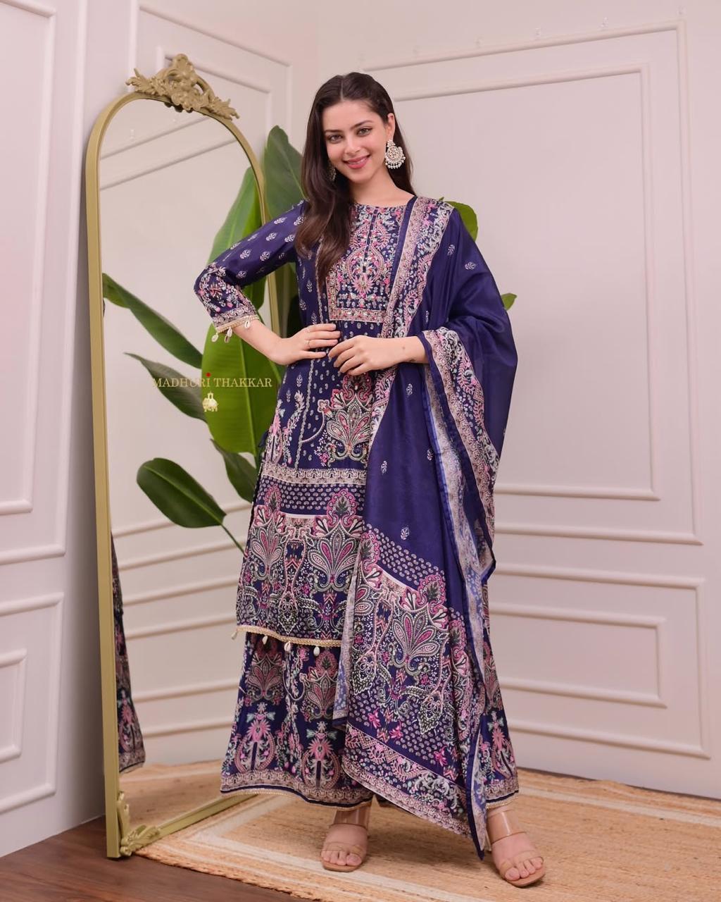 Designer Chinon Silk Kurta Palazzo Set With Floral Print & Dupatta - Image 2