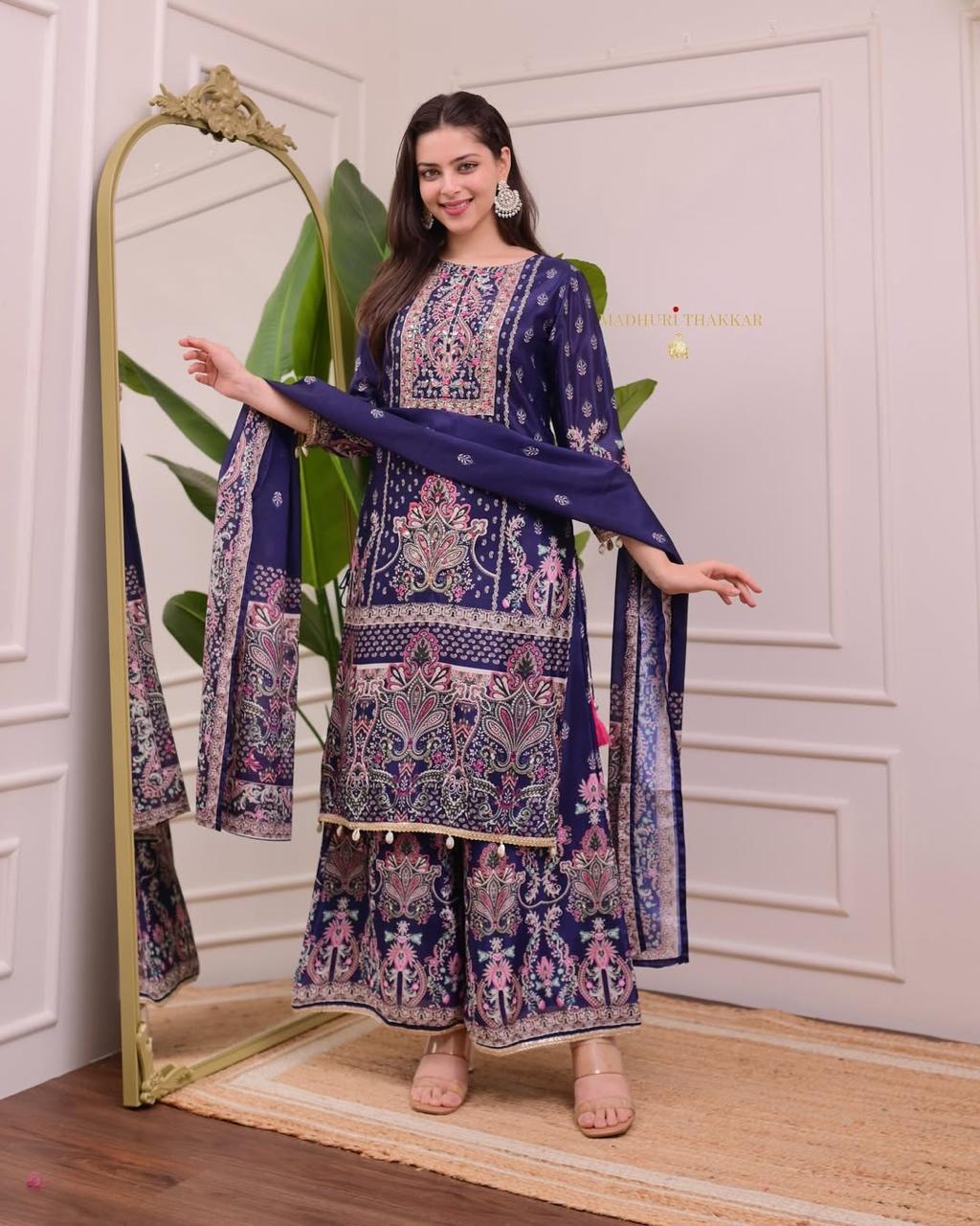 Designer Chinon Silk Kurta Palazzo Set With Floral Print & Dupatta - Image 3