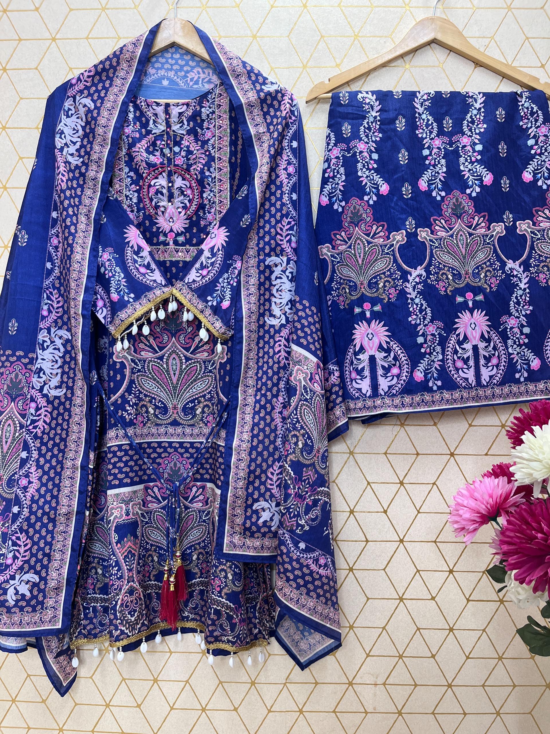 Designer Chinon Silk Kurta Palazzo Set With Floral Print & Dupatta - Image 4