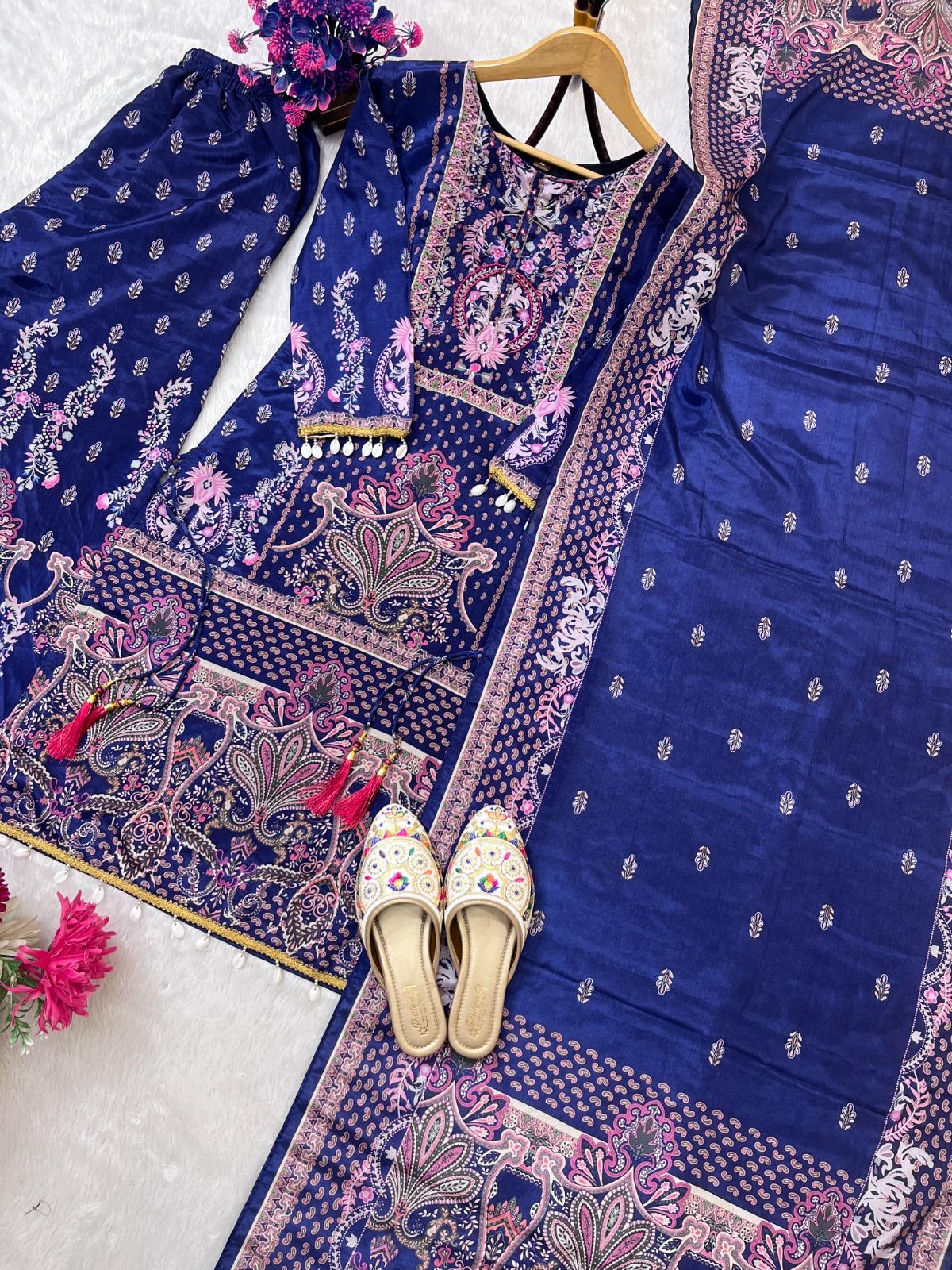 Designer Chinon Silk Kurta Palazzo Set With Floral Print & Dupatta - Image 5