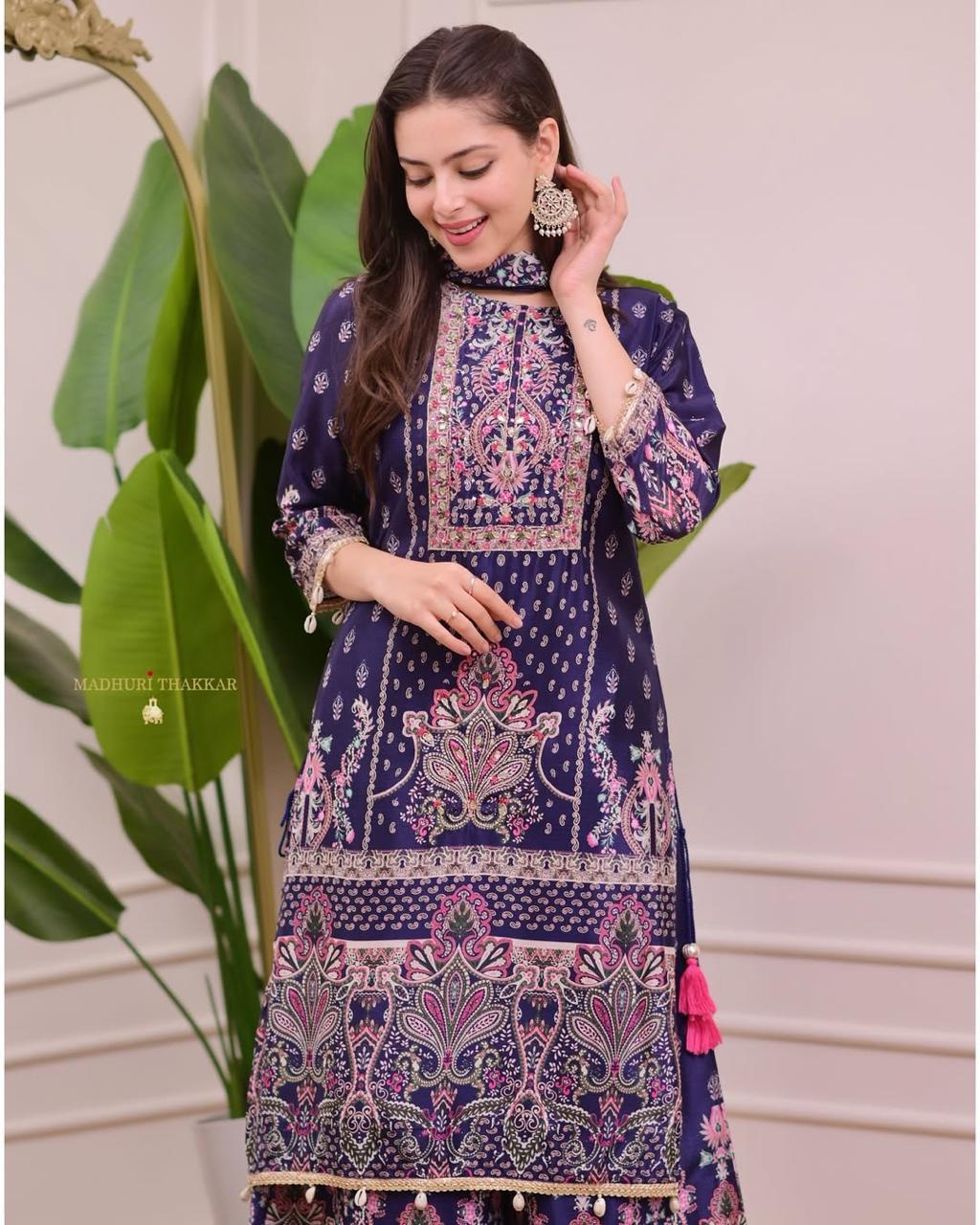 Designer Chinon Silk Kurta Palazzo Set With Floral Print & Dupatta - Image 6
