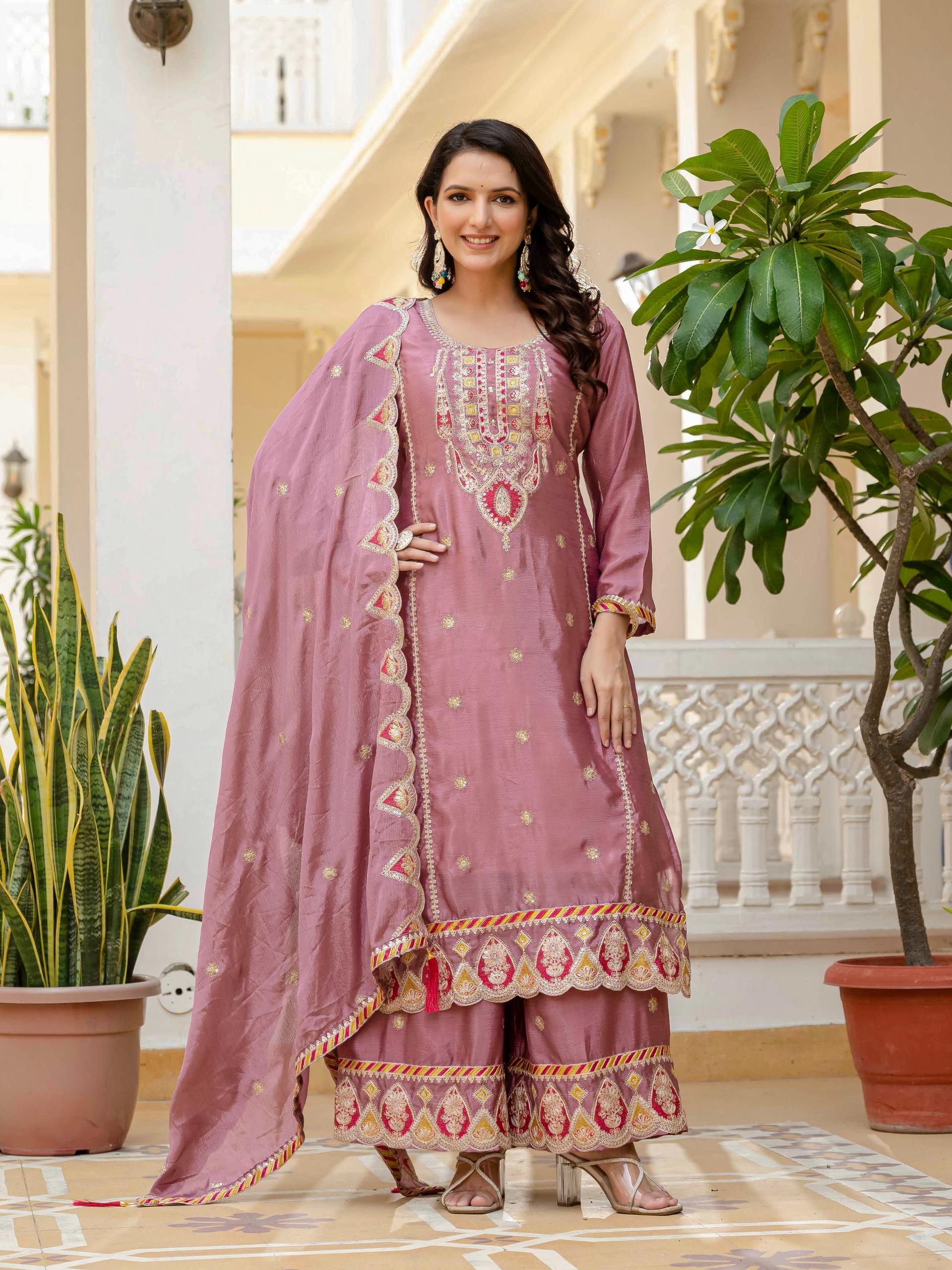 Women’s Designer Chinnon Silk Kurta Set With Heavy Embroidery Work