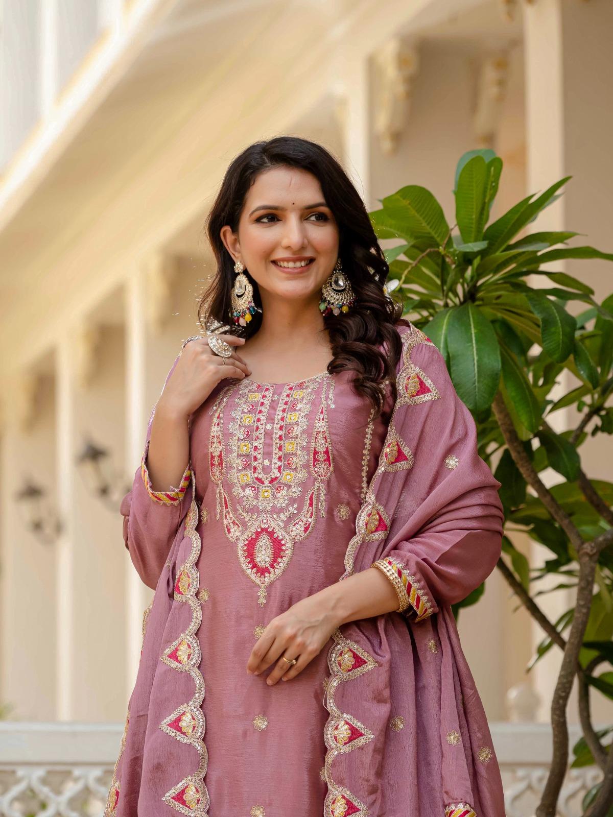 Women’s Designer Chinnon Silk Kurta Set With Heavy Embroidery Work - Image 3