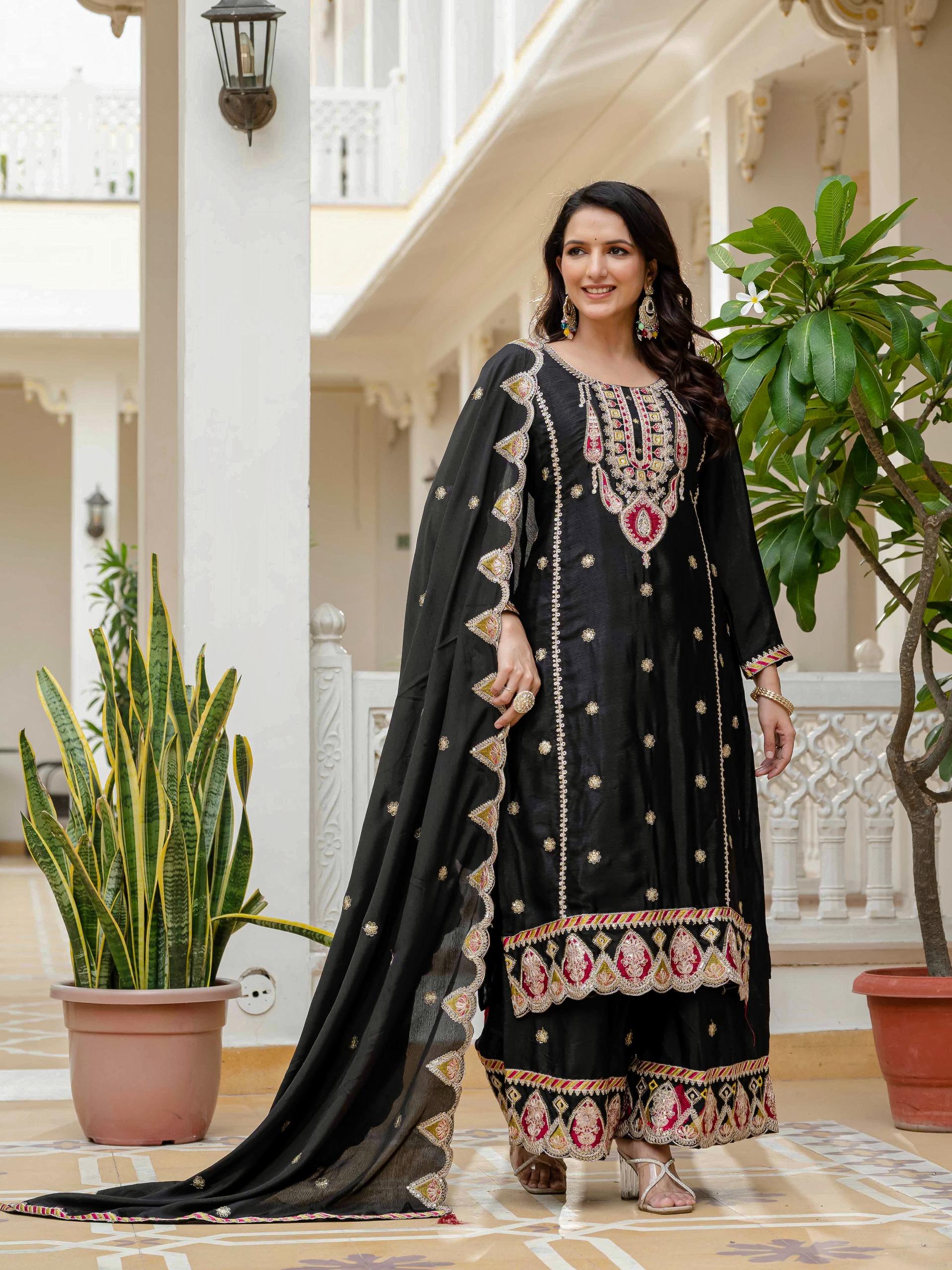 Women’s Designer Chinnon Silk Kurta Set With Heavy Embroidery Work - Image 4
