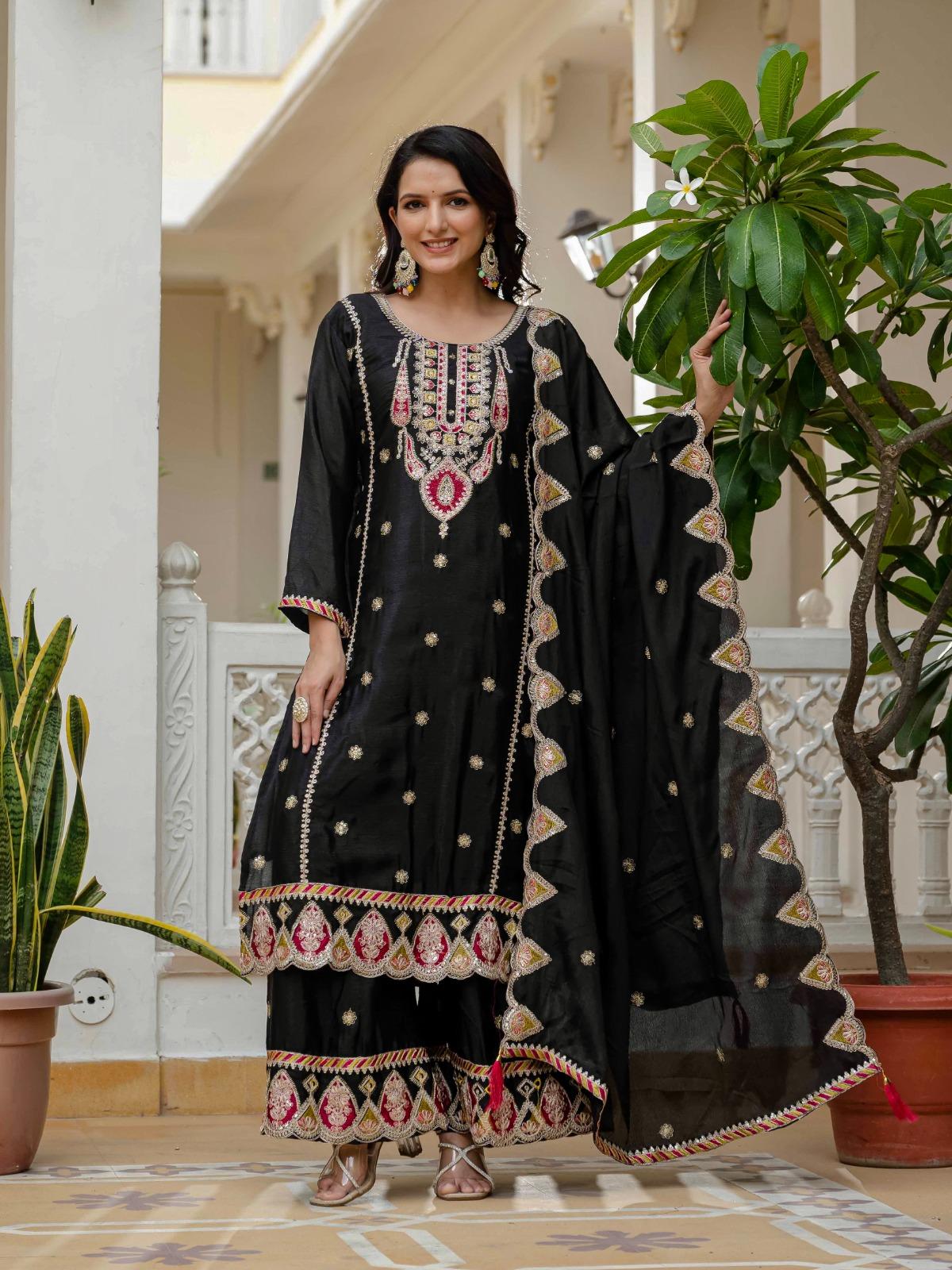 Women’s Designer Chinnon Silk Kurta Set With Heavy Embroidery Work - Image 5