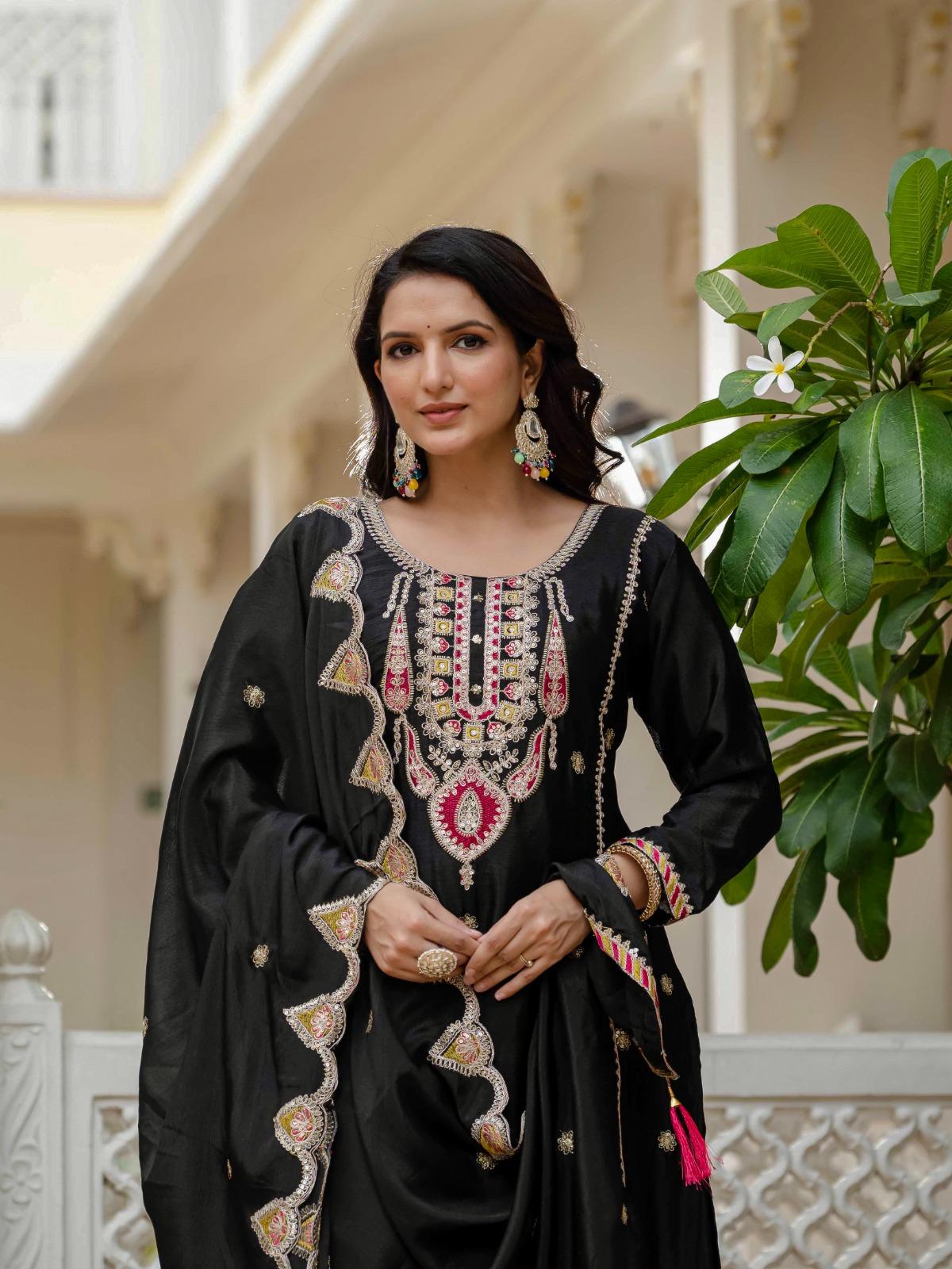 Women’s Designer Chinnon Silk Kurta Set With Heavy Embroidery Work - Image 6
