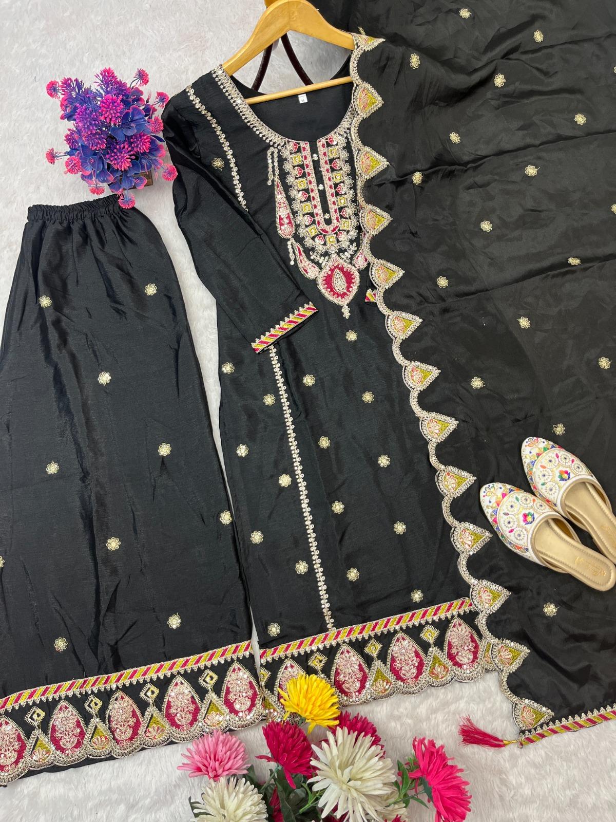 Women’s Designer Chinnon Silk Kurta Set With Heavy Embroidery Work - Image 7