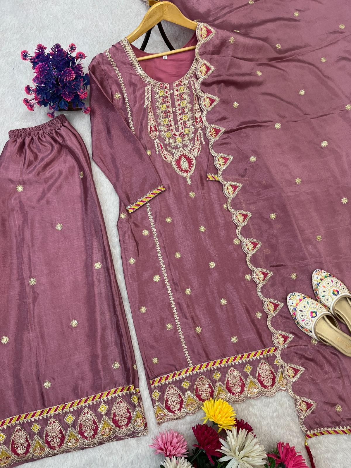 Women’s Designer Chinnon Silk Kurta Set With Heavy Embroidery Work - Image 9