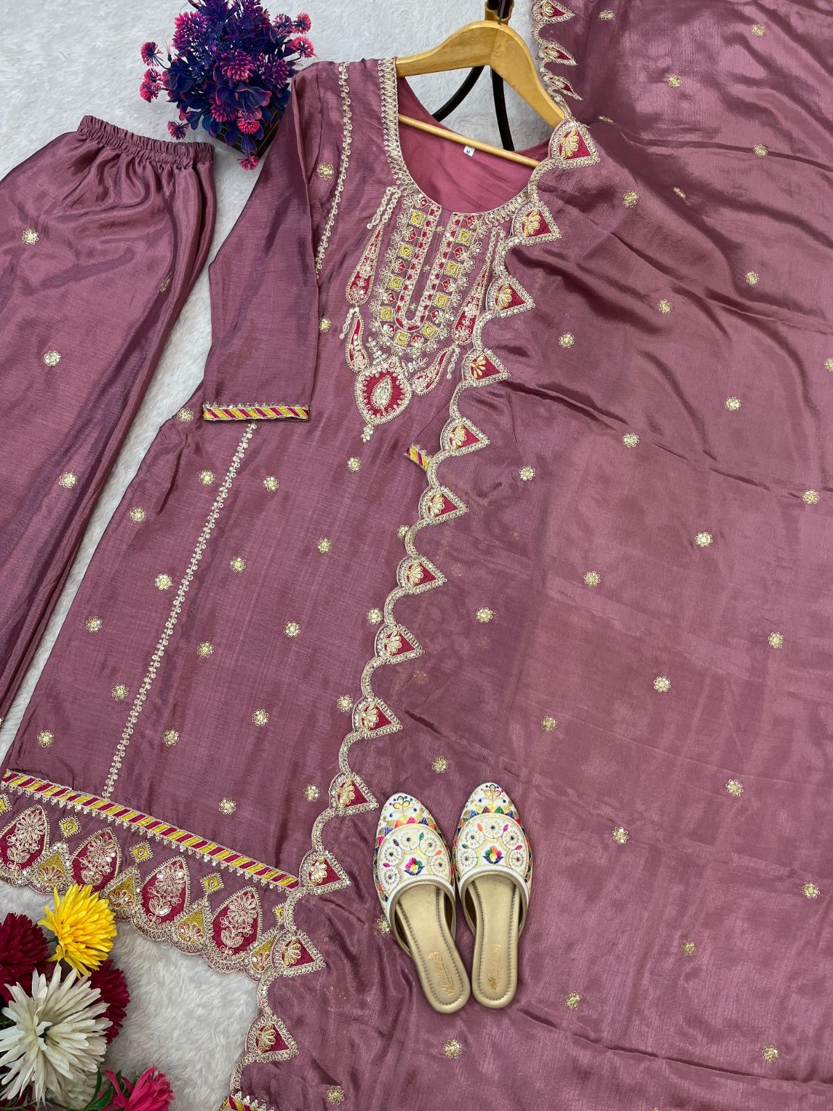 Women’s Designer Chinnon Silk Kurta Set With Heavy Embroidery Work - Image 10