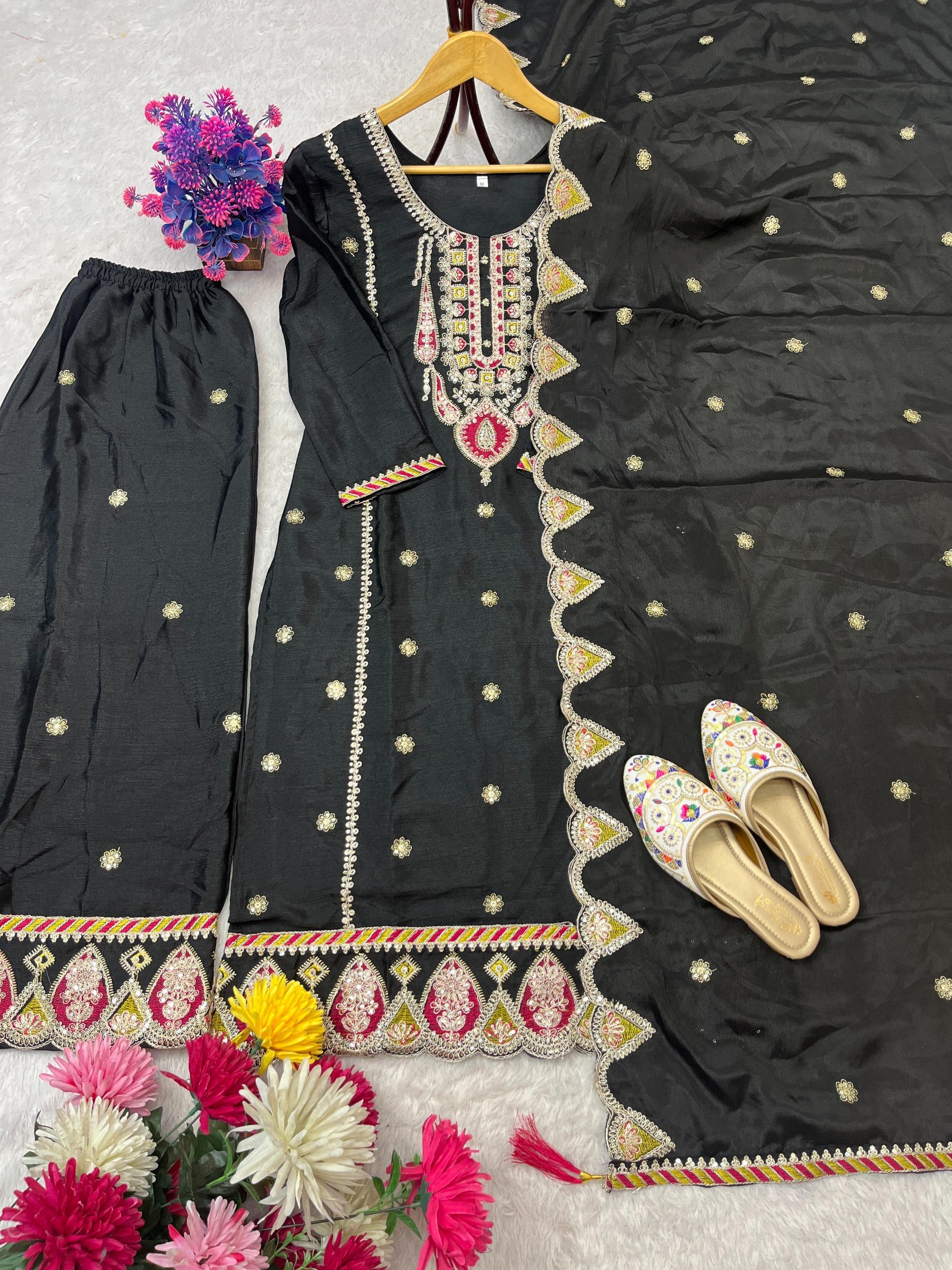 Women’s Designer Chinnon Silk Kurta Set With Heavy Embroidery Work - Image 12