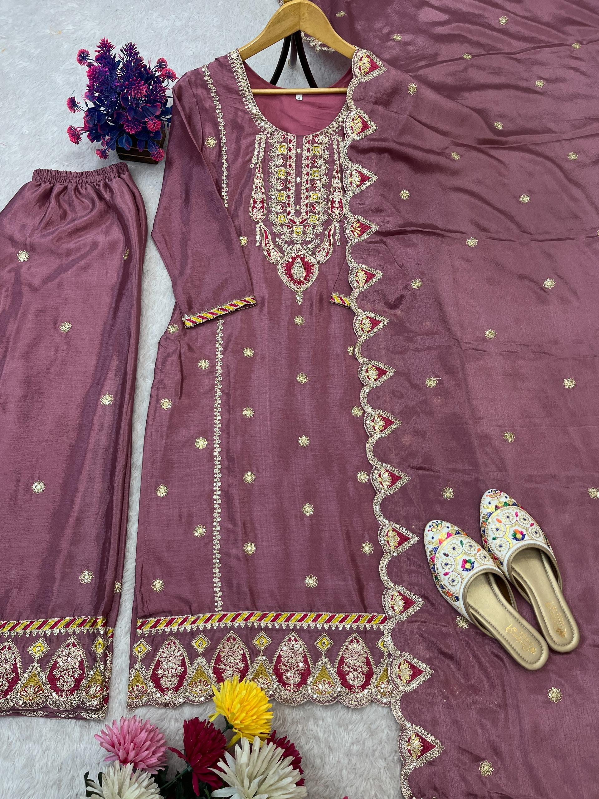 Women’s Designer Chinnon Silk Kurta Set With Heavy Embroidery Work - Image 14