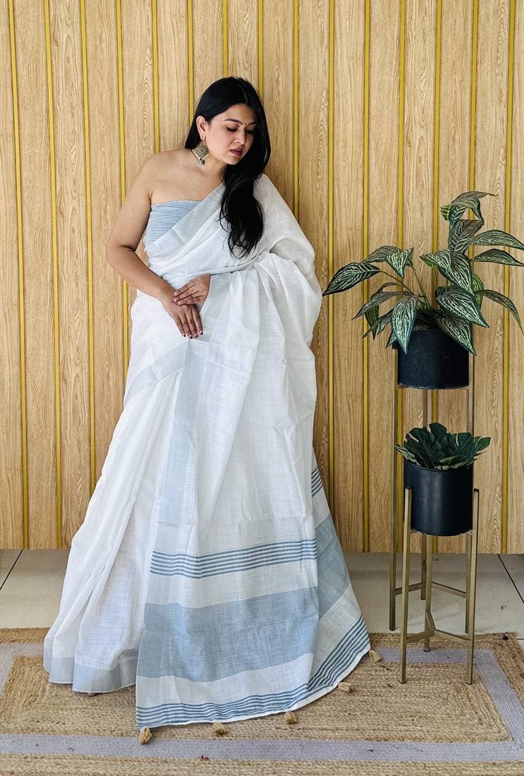 Classic White Cotton Saree With Striped Border – 4 Colors - Image 2