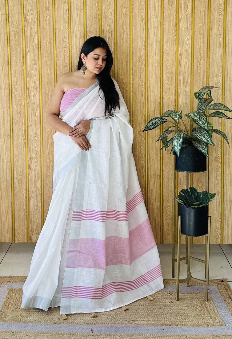 Classic White Cotton Saree With Striped Border – 4 Colors - Image 3