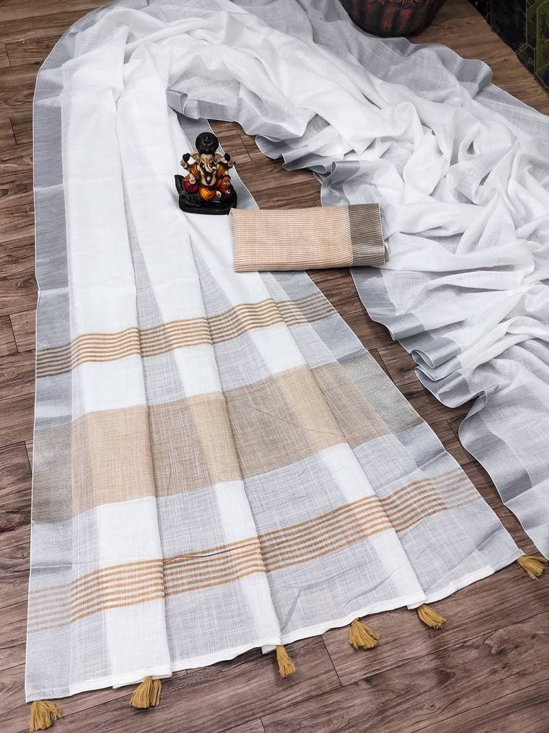Classic White Cotton Saree With Striped Border – 4 Colors - Image 4