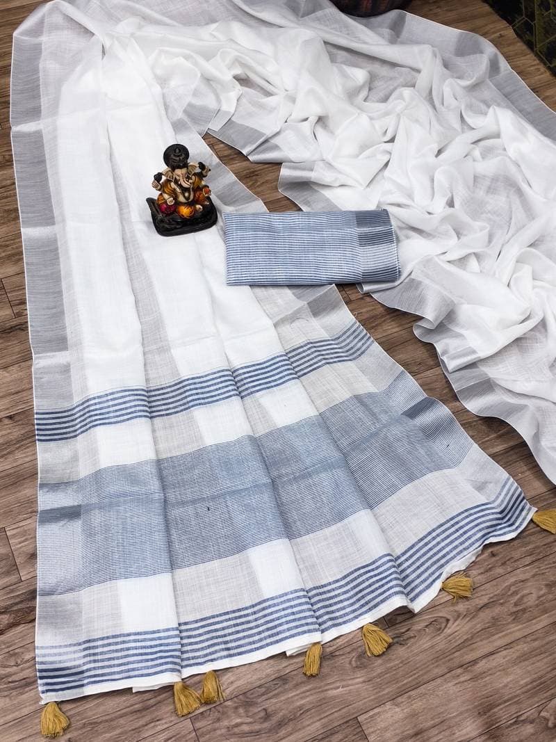 Classic White Cotton Saree With Striped Border – 4 Colors - Image 5