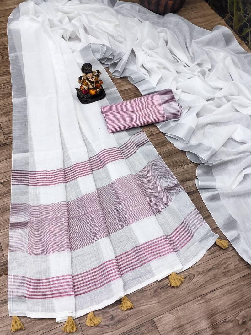 Classic White Cotton Saree With Striped Border – 4 Colors - Image 6