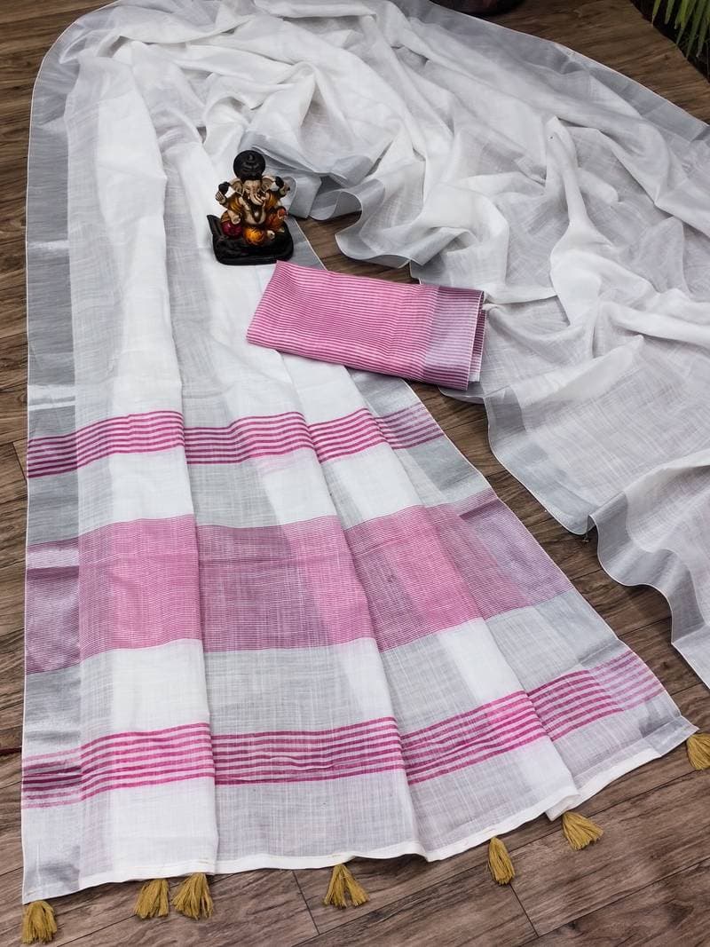 Classic White Cotton Saree With Striped Border – 4 Colors - Image 7