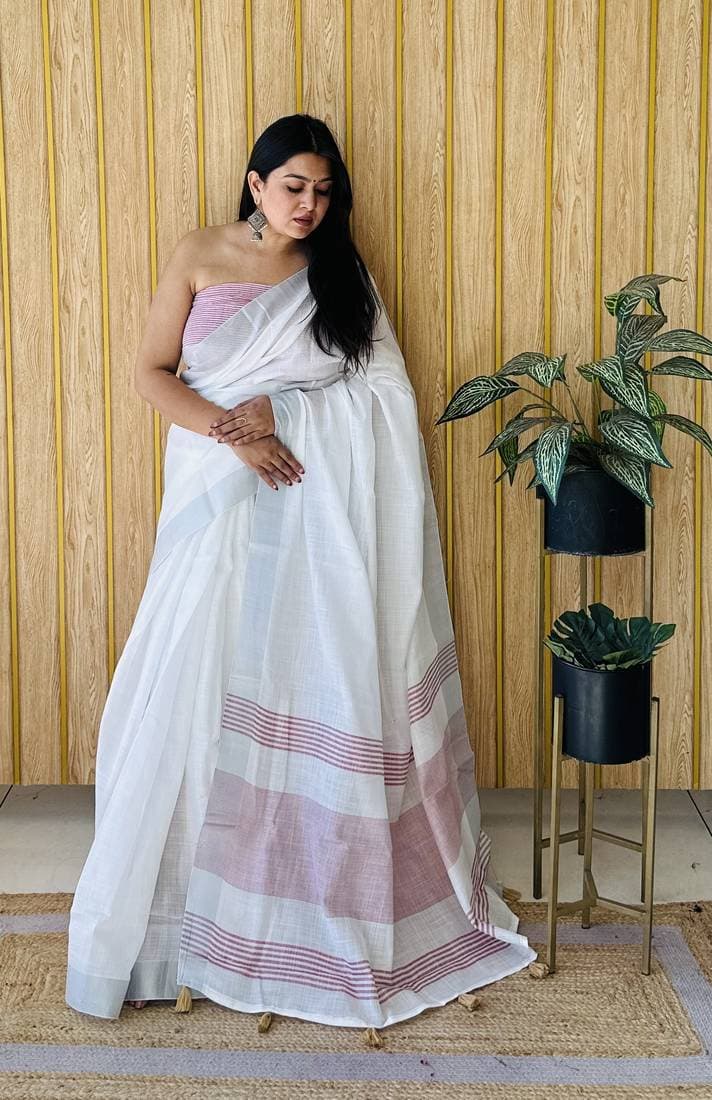 Classic White Cotton Saree With Striped Border – 4 Colors - Image 8