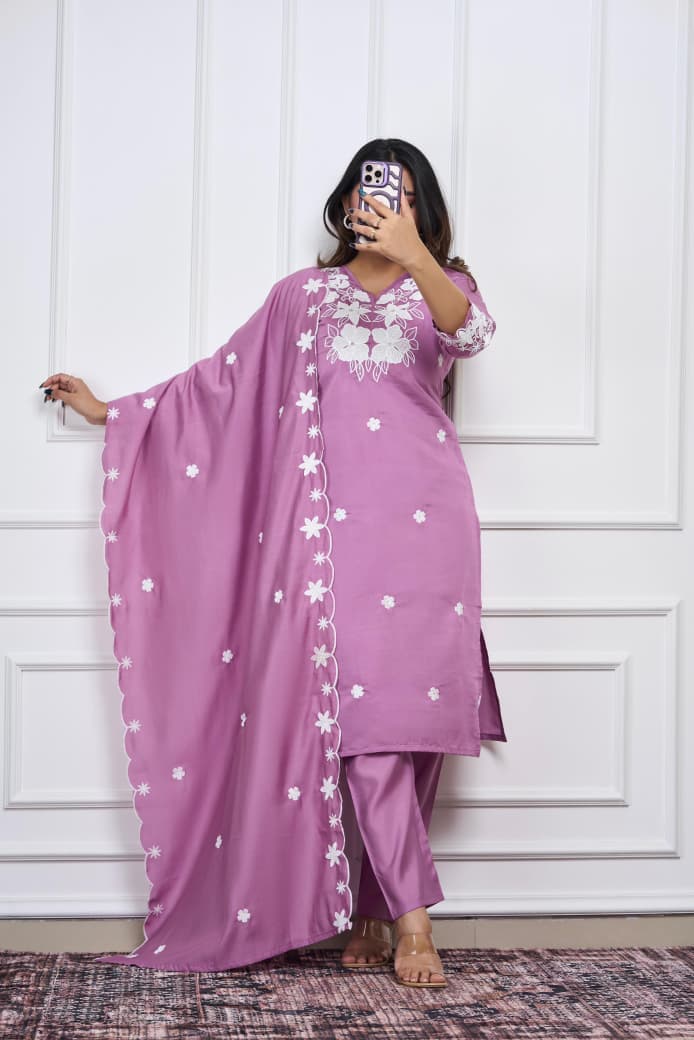 Dusty Rose Floral Embroidered Kurta Set With Pants & Dupatta For Women | Elegant Festive Wear Suit