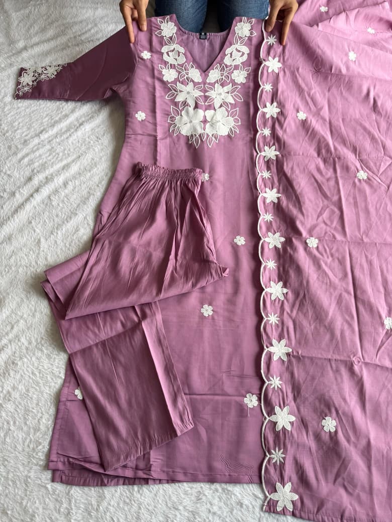 Dusty Rose Floral Embroidered Kurta Set With Pants & Dupatta For Women | Elegant Festive Wear Suit - Image 2