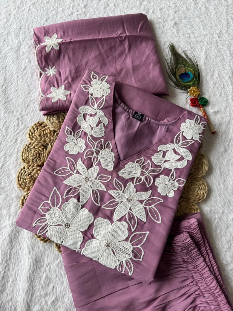 Dusty Rose Floral Embroidered Kurta Set With Pants & Dupatta For Women | Elegant Festive Wear Suit - Image 3