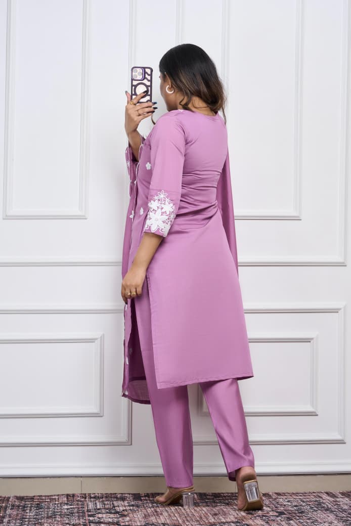 Dusty Rose Floral Embroidered Kurta Set With Pants & Dupatta For Women | Elegant Festive Wear Suit - Image 4