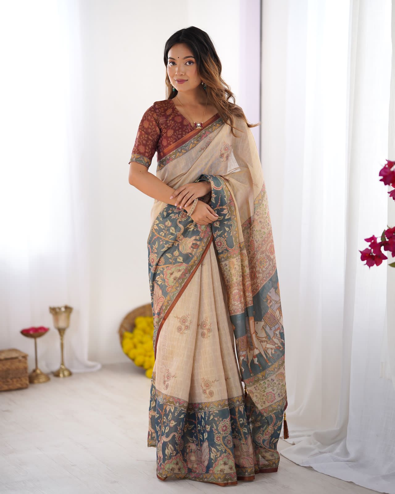 Beige & Teal Printed Saree For Women | Elegant Traditional Ethnic Wear