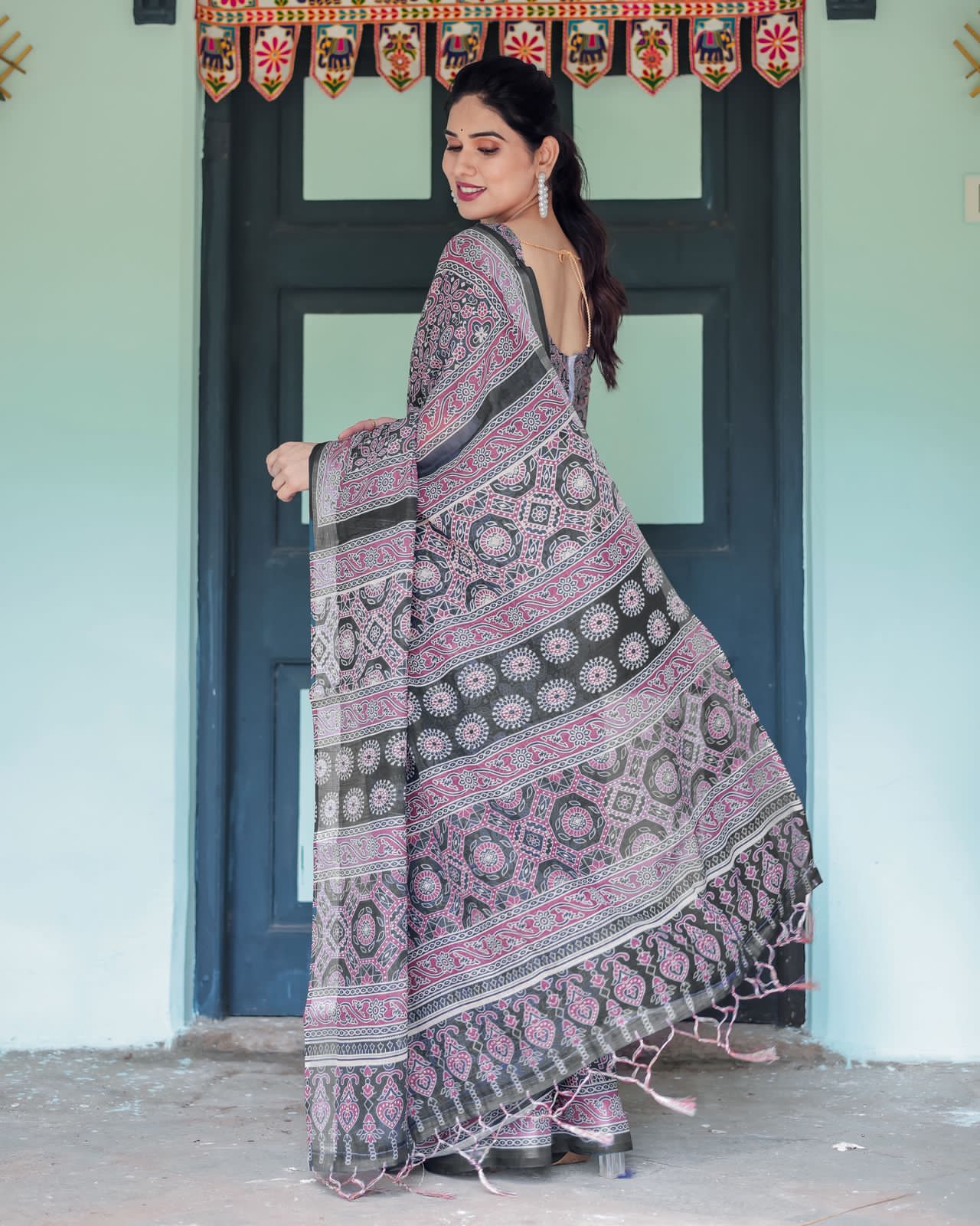 Black & Pink Printed Cotton Saree For Women | Traditional Ethnic Wear - Image 2