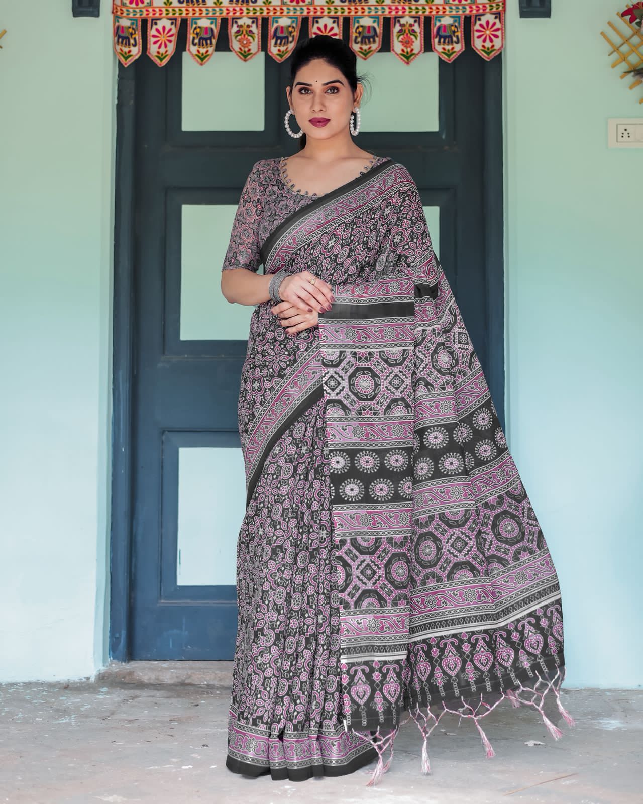 Black & Pink Printed Cotton Saree For Women | Traditional Ethnic Wear