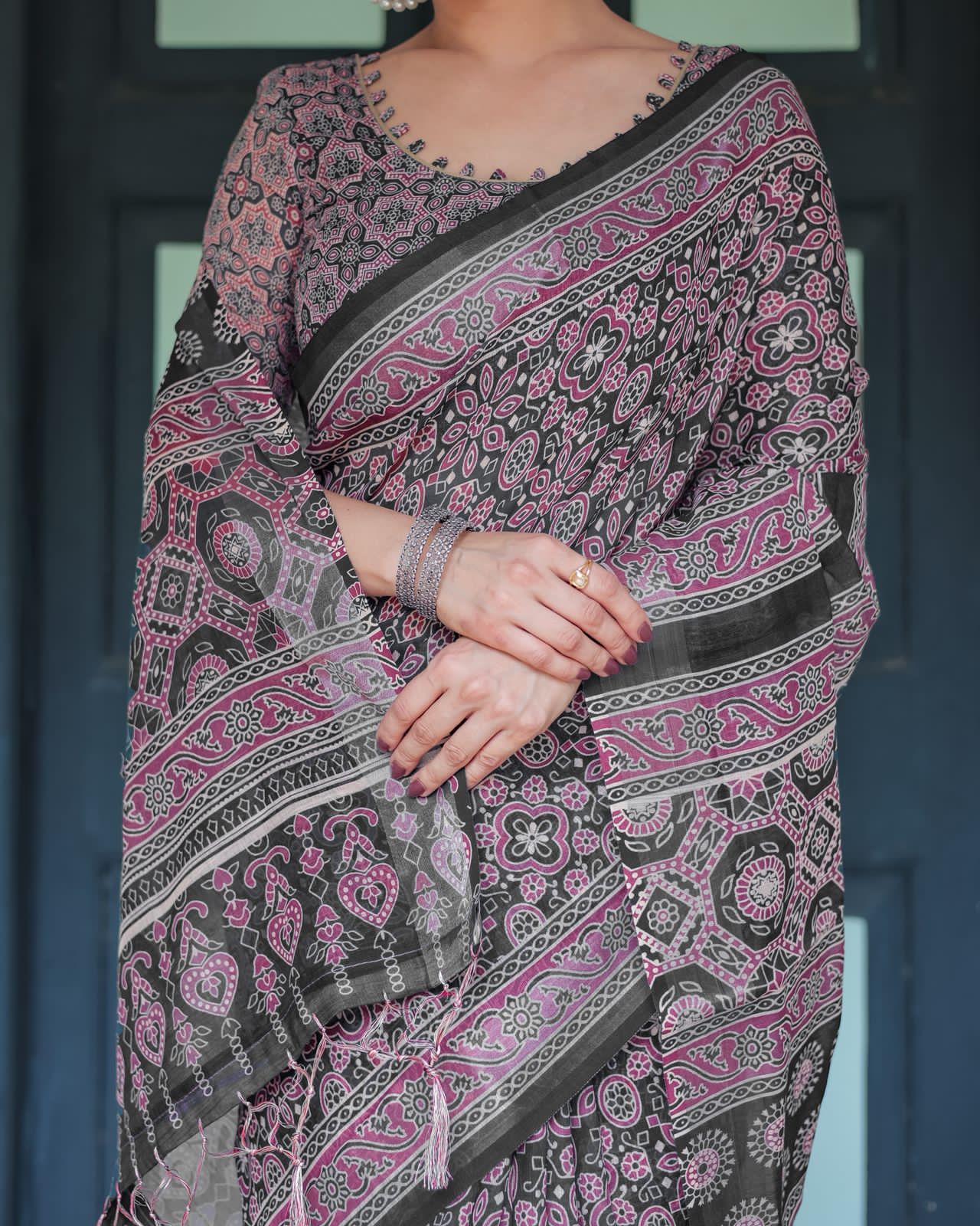 Black & Pink Printed Cotton Saree For Women | Traditional Ethnic Wear - Image 3