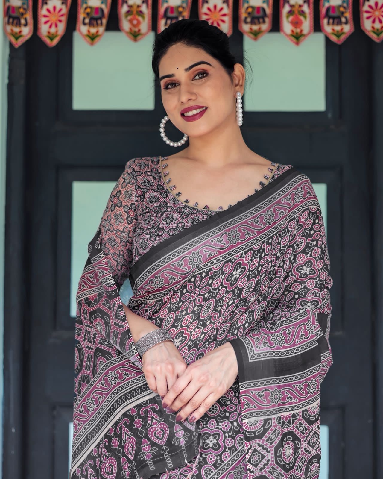 Black & Pink Printed Cotton Saree For Women | Traditional Ethnic Wear - Image 4