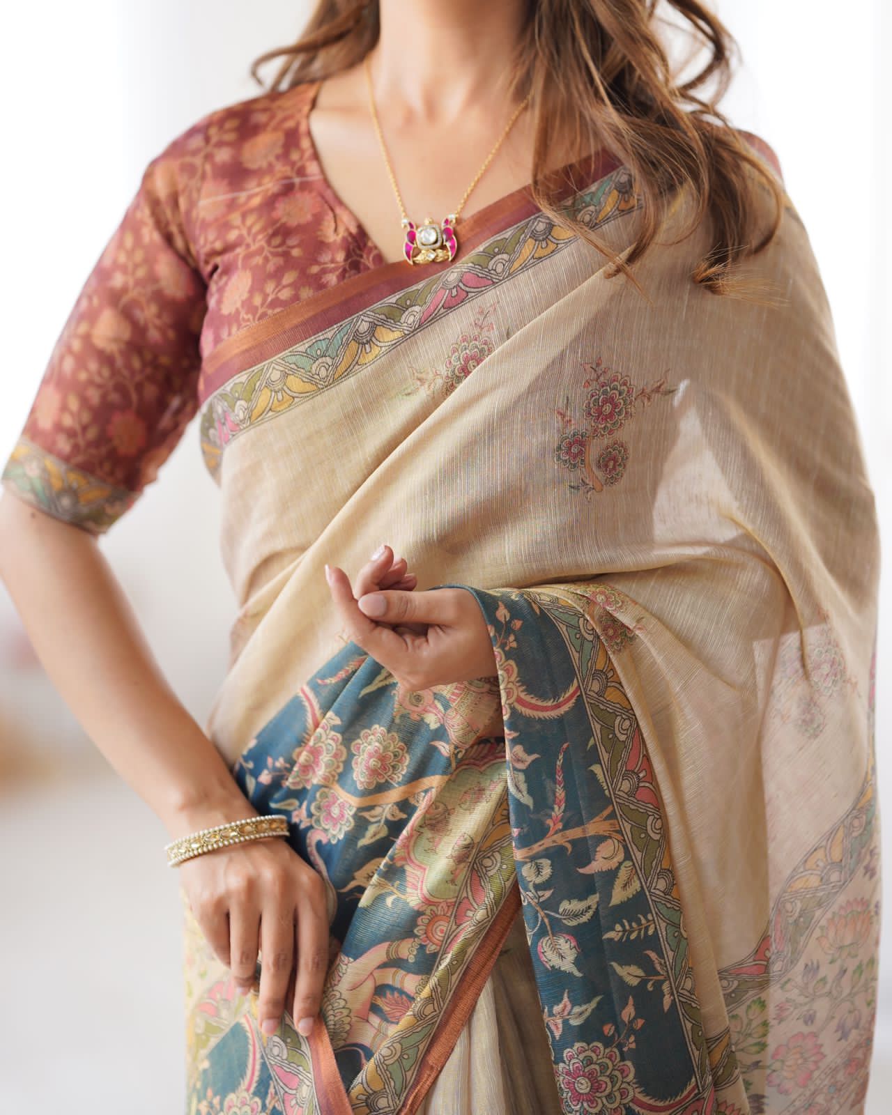 Beige & Teal Printed Saree For Women | Elegant Traditional Ethnic Wear - Image 3