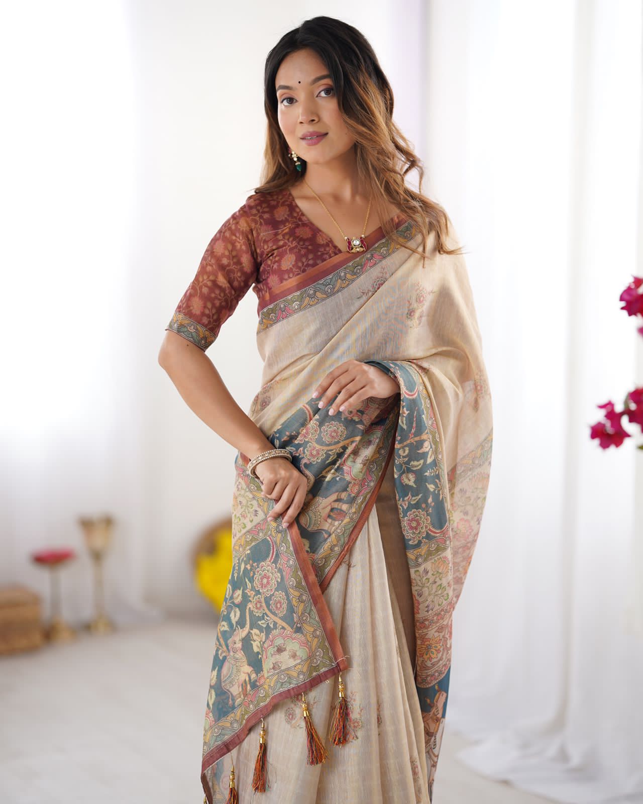 Beige & Teal Printed Saree For Women | Elegant Traditional Ethnic Wear - Image 4