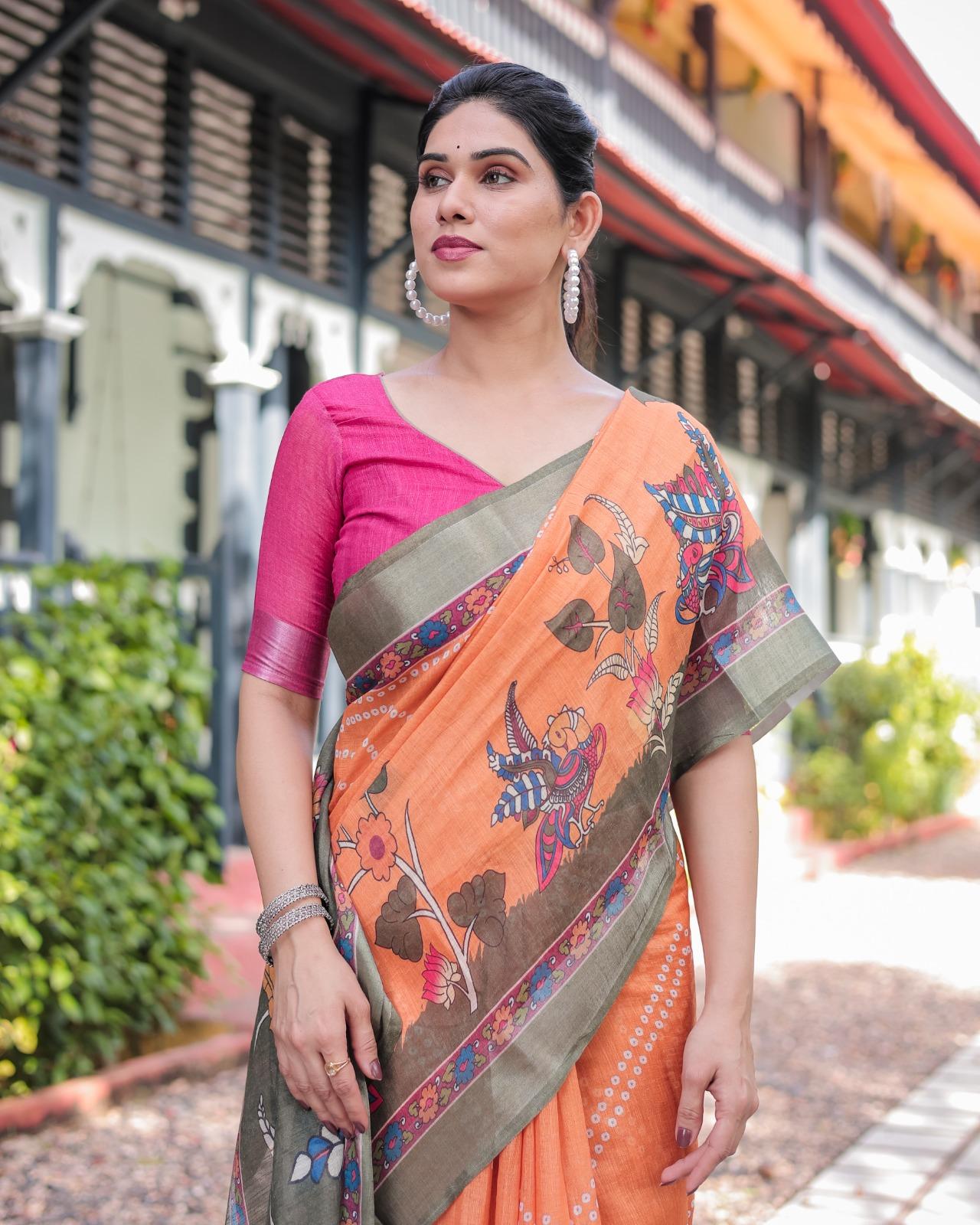 Orange Printed Saree With Olive Green Border | Elegant Festive Ethnic Saree For Women - Image 2