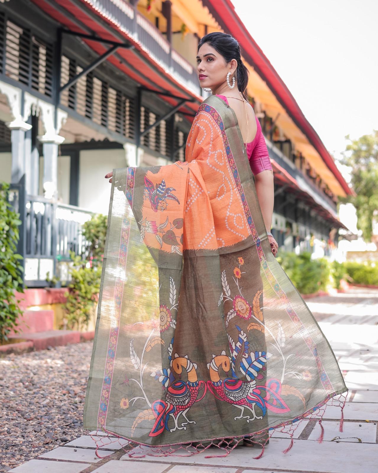 Orange Printed Saree With Olive Green Border | Elegant Festive Ethnic Saree For Women - Image 4