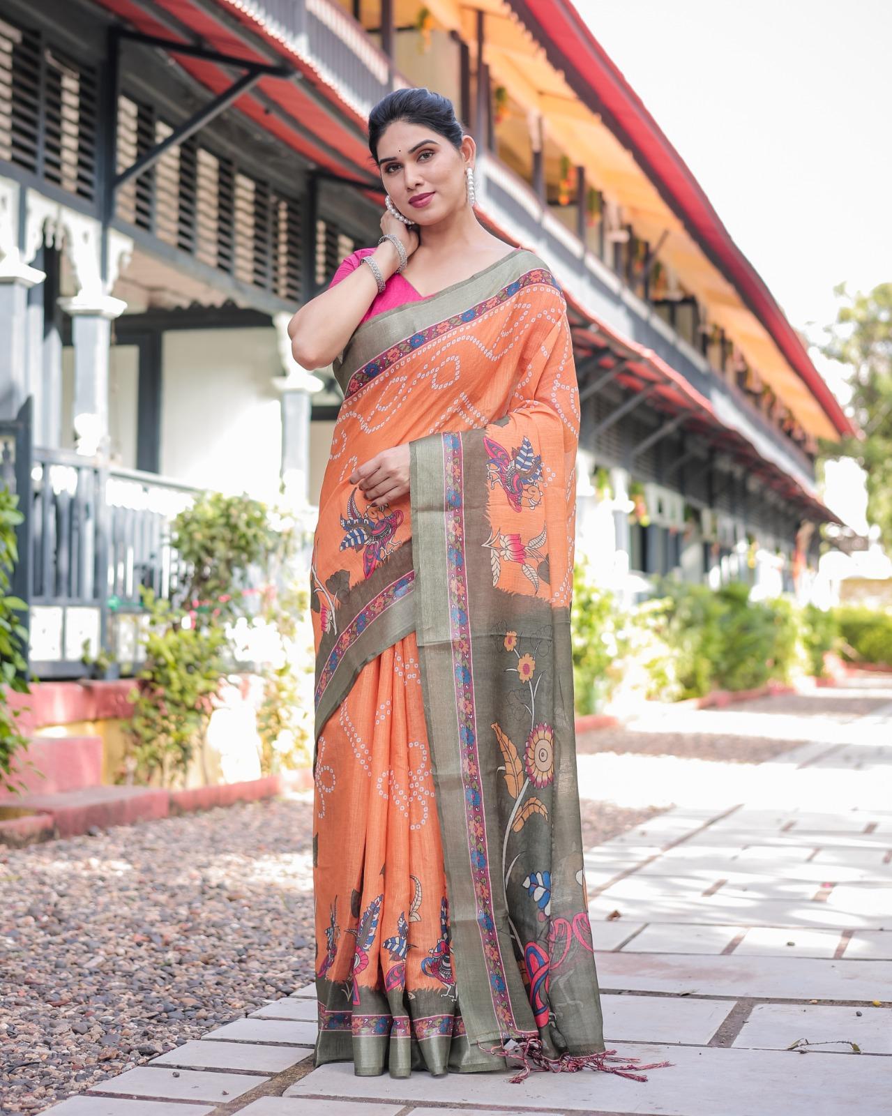 Orange Printed Saree With Olive Green Border | Elegant Festive Ethnic Saree For Women
