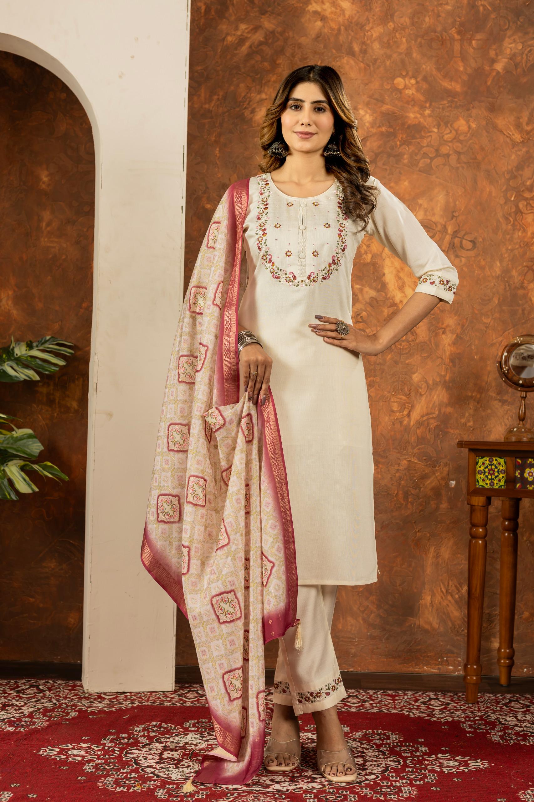 Embroidered Kurta Set With Printed Dupatta | Elegant Festive Ethnic Wear For Women