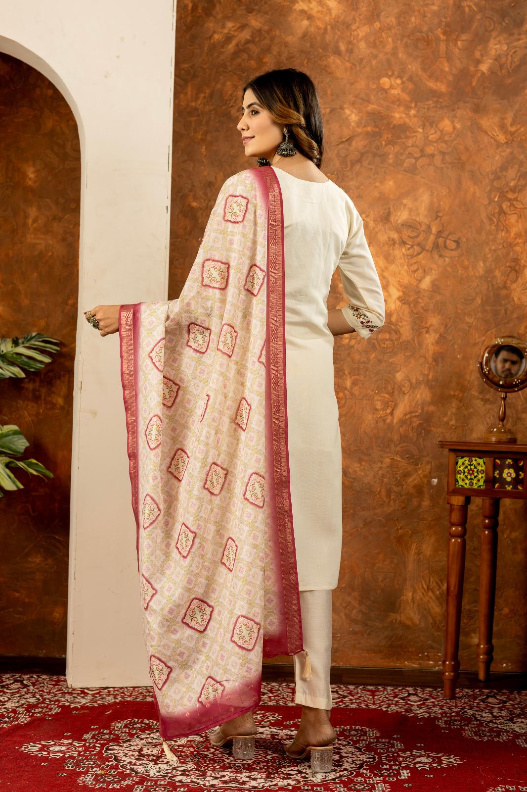 Embroidered Kurta Set With Printed Dupatta | Elegant Festive Ethnic Wear For Women - Image 3