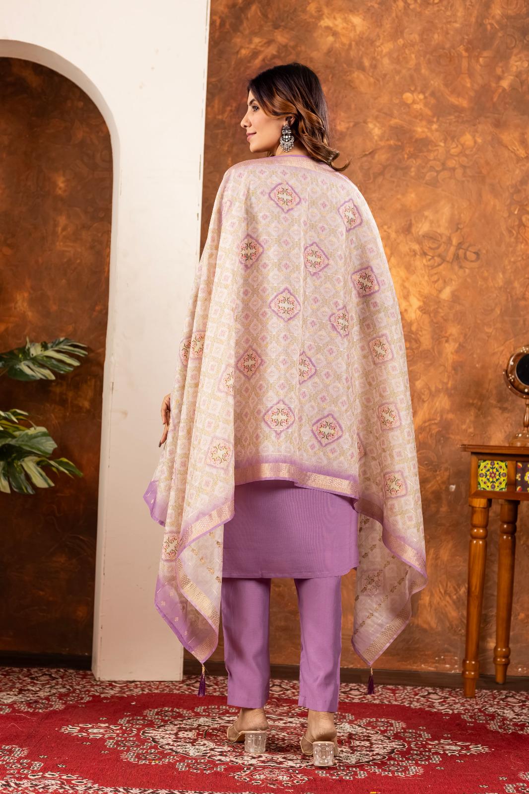 Embroidered Kurta Set With Printed Dupatta | Elegant Festive Ethnic Wear For Women - Image 9