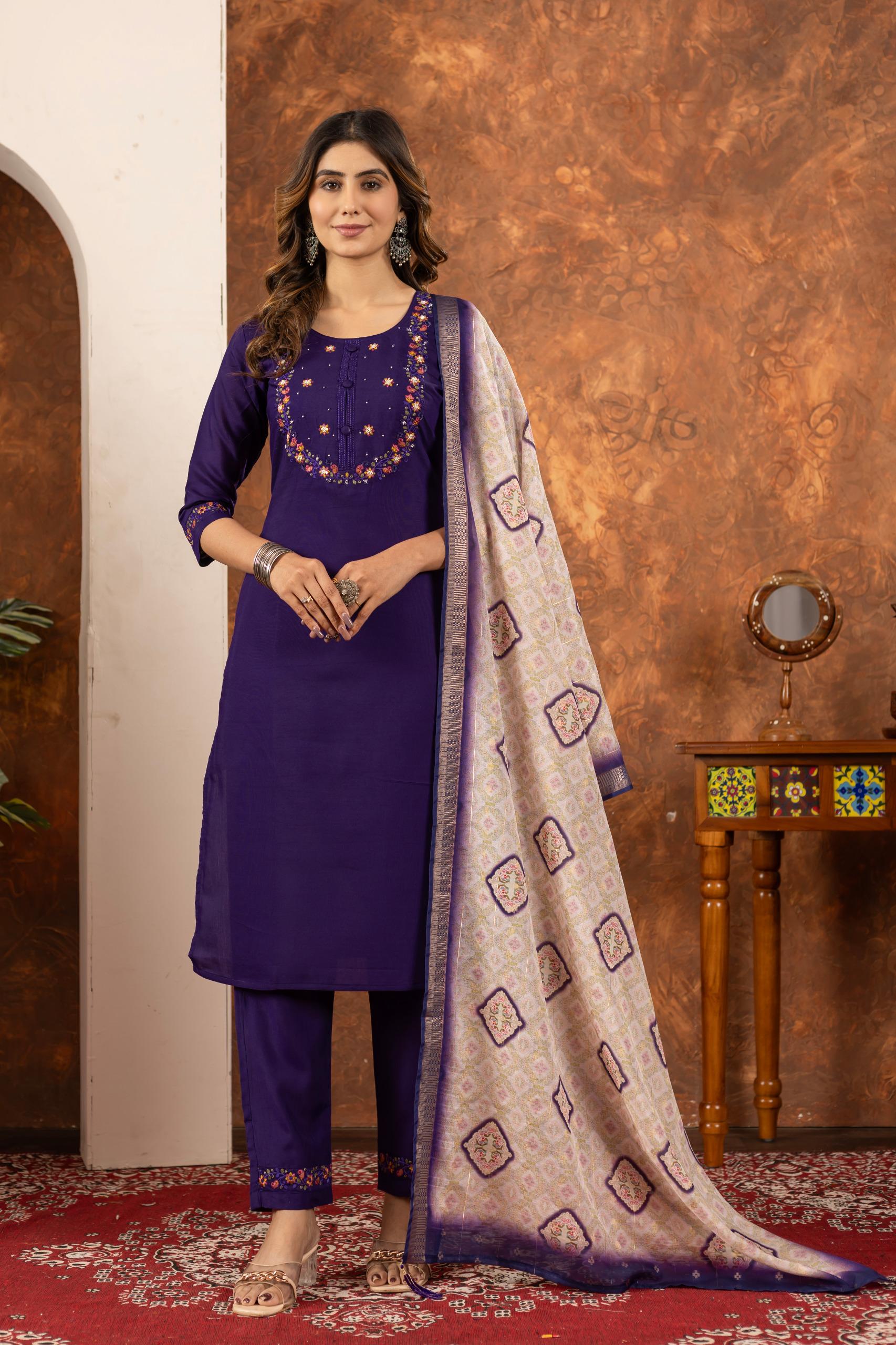 Embroidered Kurta Set With Printed Dupatta | Elegant Festive Ethnic Wear For Women - Image 19