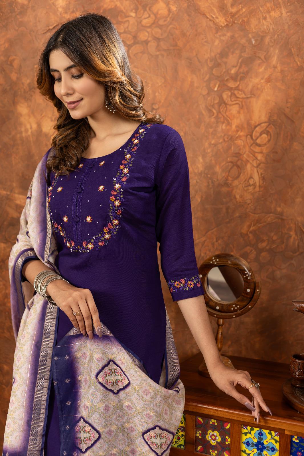 Embroidered Kurta Set With Printed Dupatta | Elegant Festive Ethnic Wear For Women - Image 24
