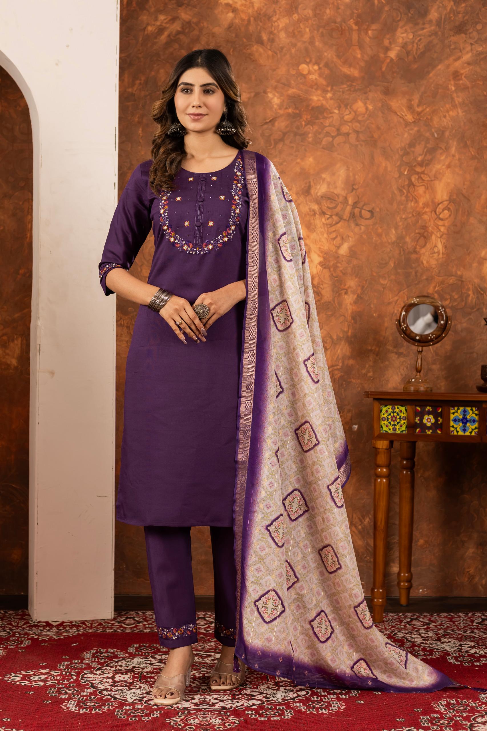 Embroidered Kurta Set With Printed Dupatta | Elegant Festive Ethnic Wear For Women - Image 25