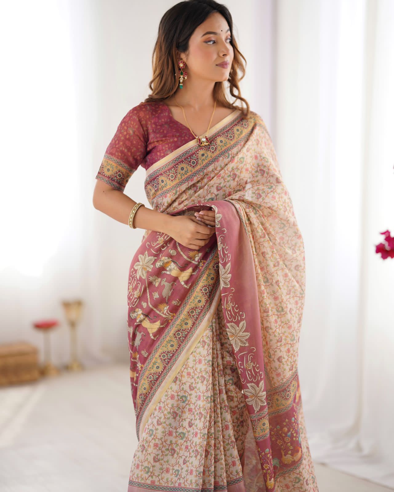 Maroon & Cream Printed Saree For Women | Traditional Festive Ethnic Wear - Image 3